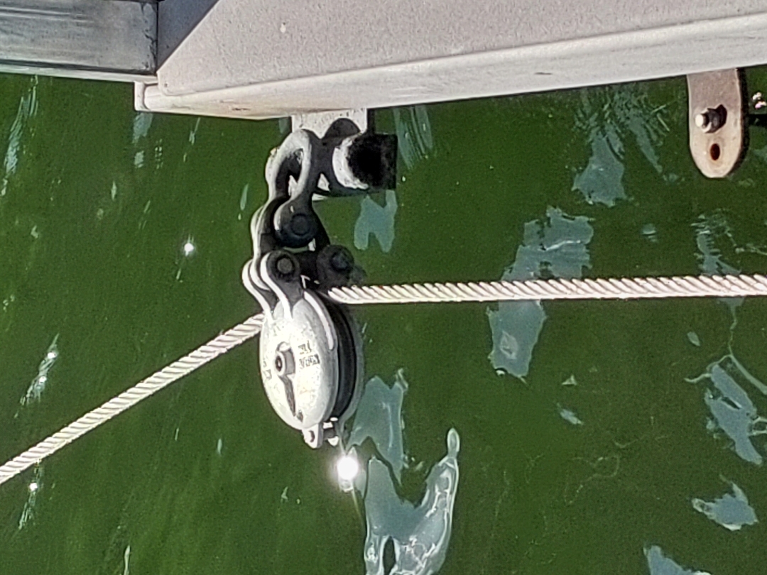 Marine grade hardware and pulley system on Lake Travis dock by Spillar Lakefront Services